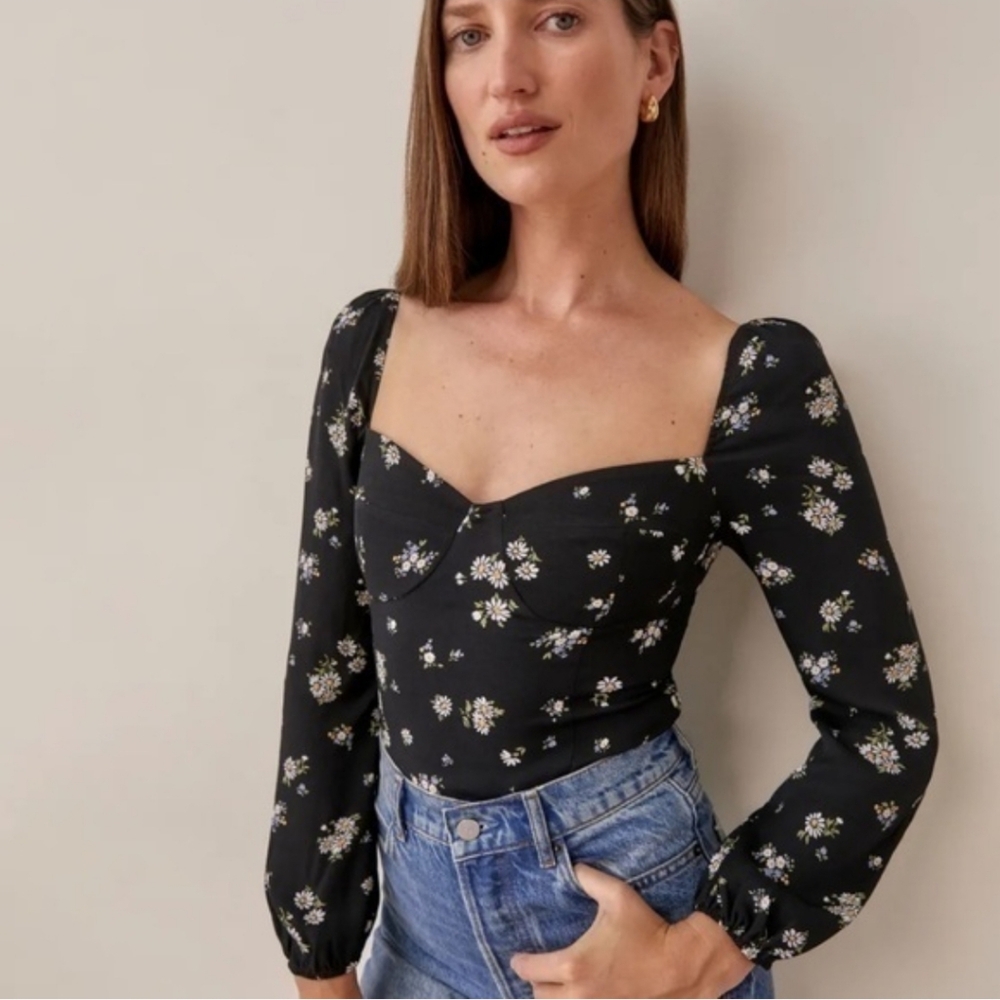 Reformation viscose floral daisy multicolor squareneck smocked crop top size 10